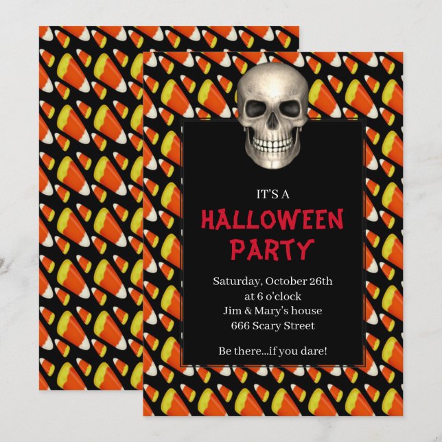 Gothic Skull Candy Corn Halloween Party Invitation (Front/Back)