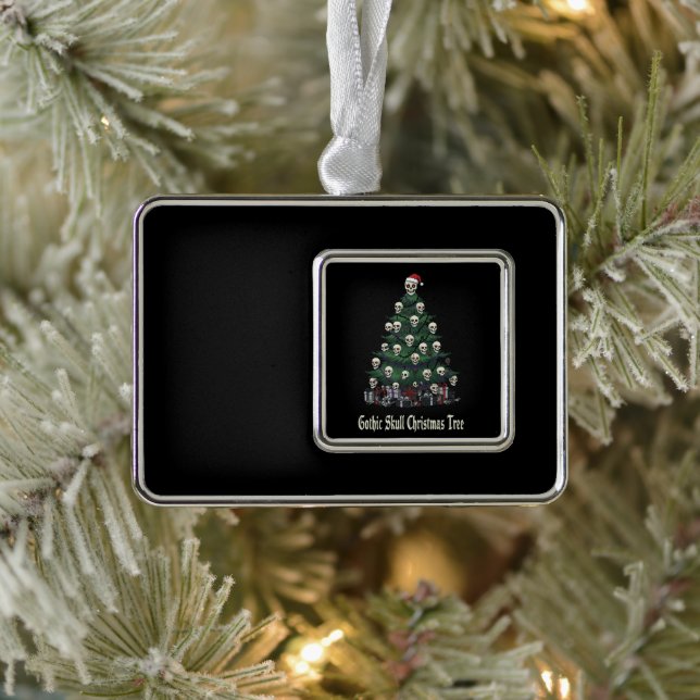 Gothic Skull Christmas Tree | Alternative Spooky  Silver Plated Framed Ornament (Tree)