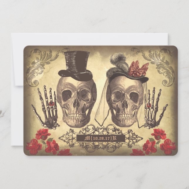 Gothic Skull Couple Day of The Dead Wedding Invite (Front)