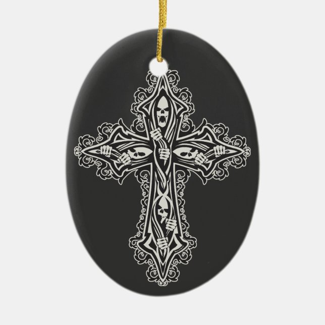 Gothic Skull Cross Ceramic Tree Decoration (Front)