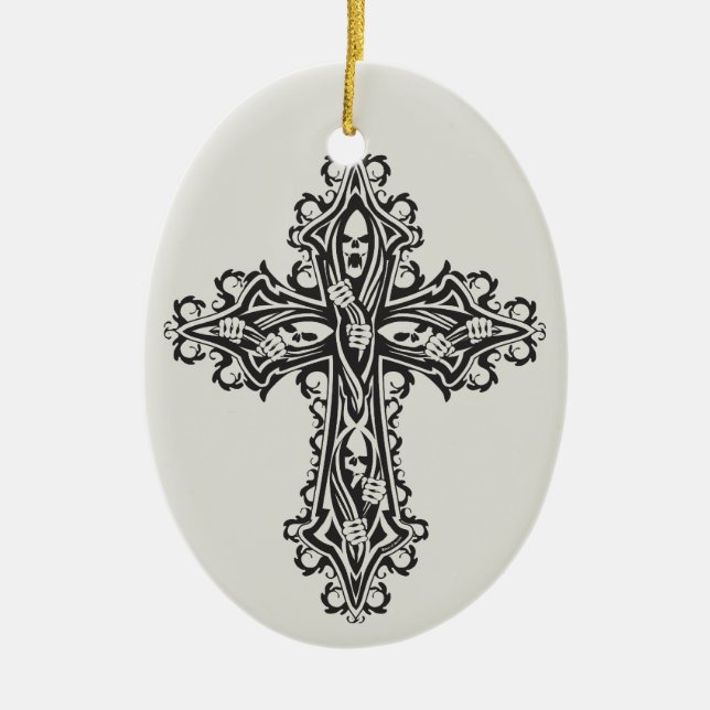 Gothic Skull Cross Ceramic Tree Decoration (Front)