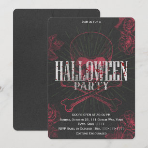 Gothic Skull Crossbones Red Rose Halloween Invitation
