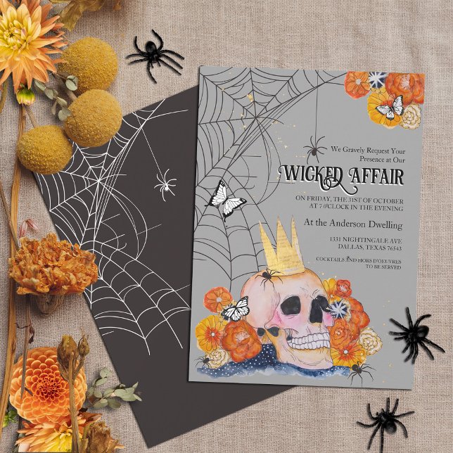 Gothic Skull Crown Butterflies Floral Halloween Invitation (Cottagecore Gothic Victorian inspired Halloween party invitation skull with faux gold crown, spiders)