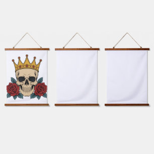 Gothic Skull Crown with Red Roses – Dark Biker  Hanging Tapestry