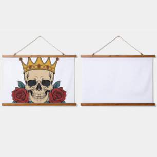 Gothic Skull Crown with Red Roses – Dark Biker  Hanging Tapestry