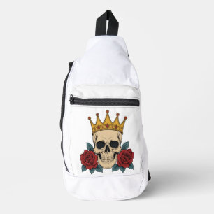 Gothic Skull Crown with Red Roses – Dark Biker Sling Bag