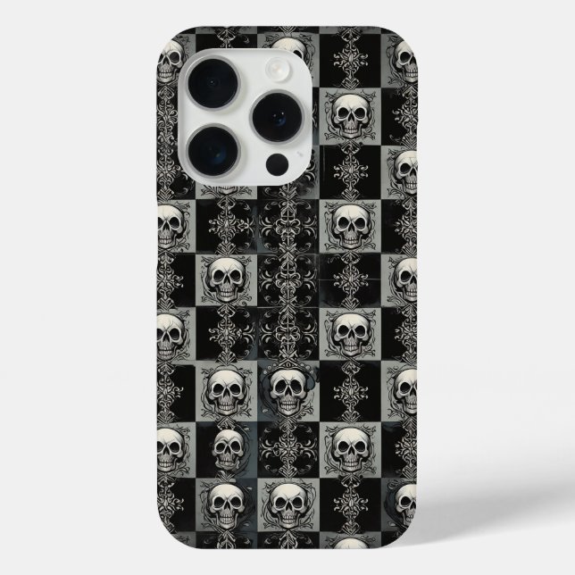 Gothic Skull & Damask Chequerboard Phone Case  (Back)