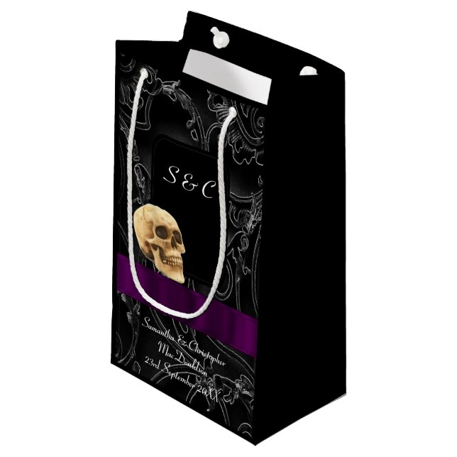 Gothic skull dark black themed small gift bag (Front Angled)