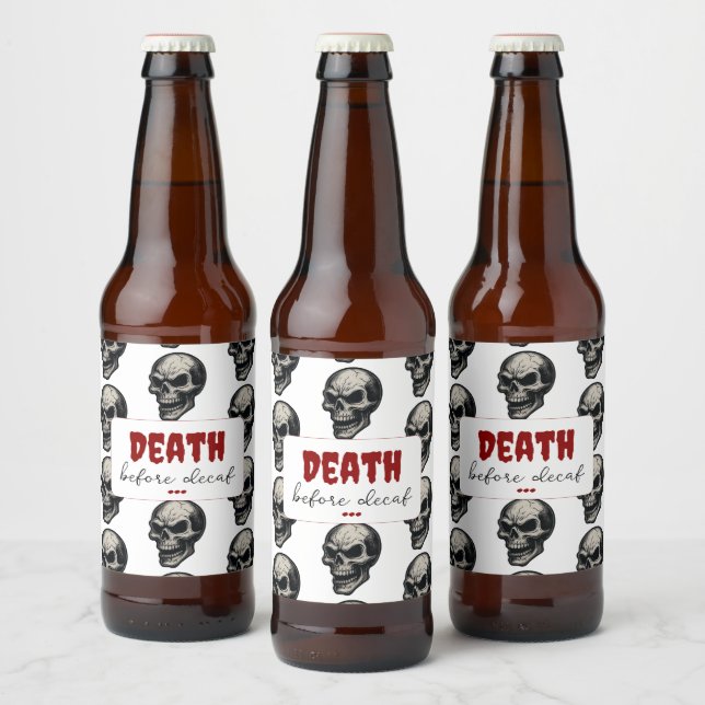 Gothic Skull ‘Death Before Decaf’ | Spooky Funny - Beer Bottle Label (Bottles)