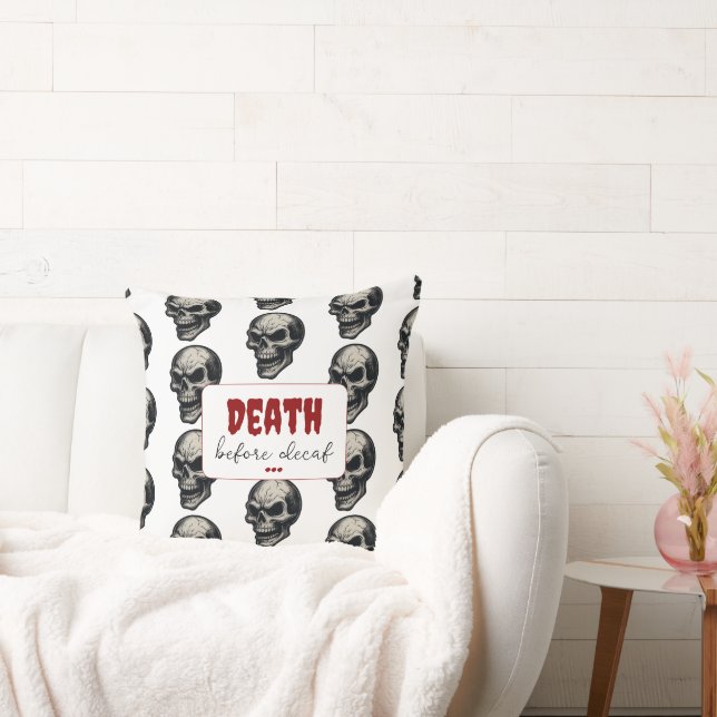 Gothic Skull ‘Death Before Decaf’ | Spooky Funny - Cushion (Couch)