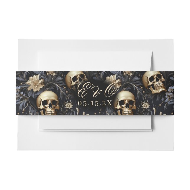 Gothic Skull Elegant Floral Gold Wedding Invitation Belly Band (Front Example)