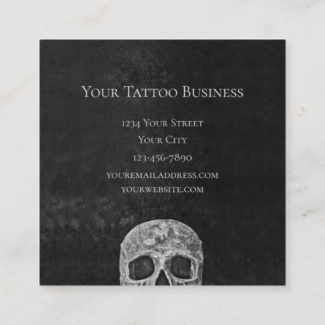 Gothic Skull Face Black And White Tattoo Shop Square Business Card (Back)