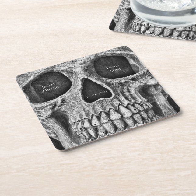 Gothic Skull Face Black And White Tattoo Shop Square Paper Coaster (Angled)