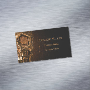 Gothic Skull Face Glowing Gold Black Tattoo Shop Magnetic Business Card