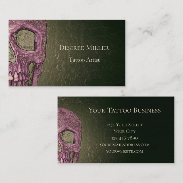 Gothic Skull Face Glowing Pink Green Tattoo Shop Business Card (Front/Back)
