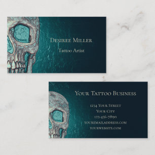 Gothic Skull Face Glowing Teal Green Tattoo Shop Business Card