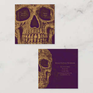 Gothic Skull Face Gold Purple Tattoo Shop Square Business Card