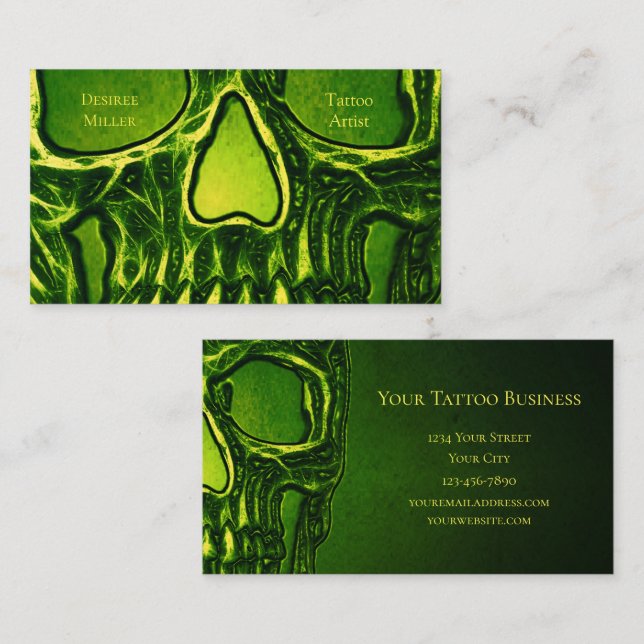 Gothic Skull Face Green Neon Metallic Tattoo Shop Business Card (Front/Back)