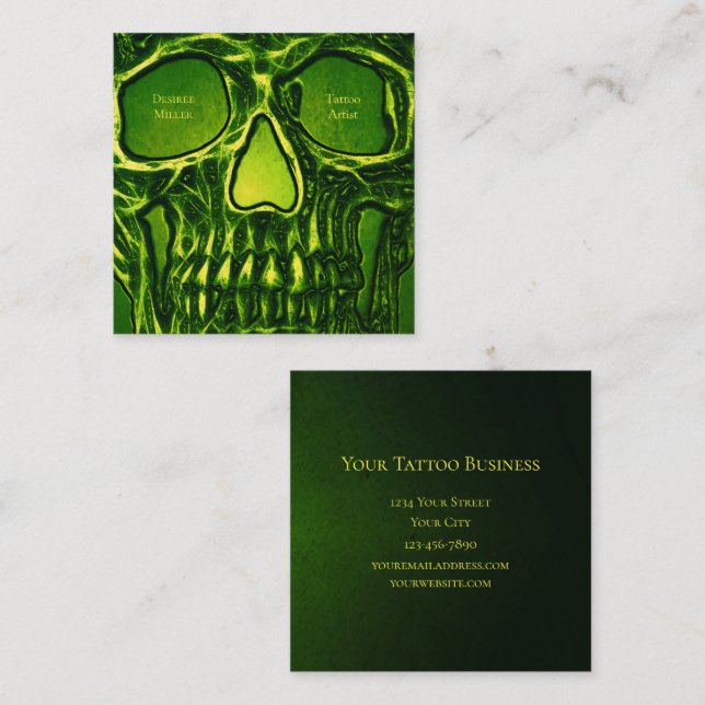Gothic Skull Face Green Neon Metallic Tattoo Shop Square Business Card (Front/Back)