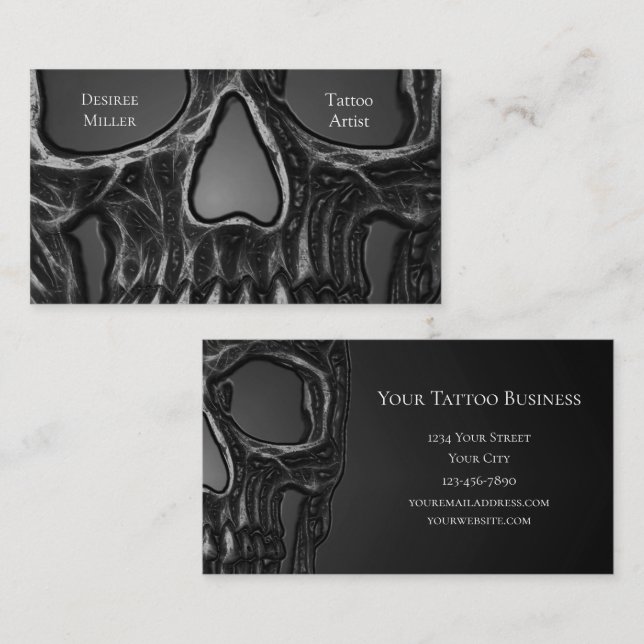 Gothic Skull Face Grey Metallic Cool Tattoo Shop Business Card (Front/Back)