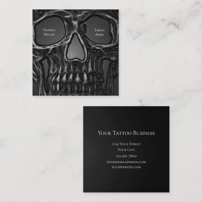 Gothic Skull Face Grey Metallic Cool Tattoo Shop Square Business Card (Front/Back)
