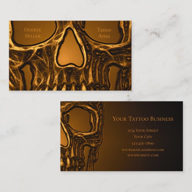 Gothic Skull Face Metallic Gold Tattoo Shop Business Card (Front/Back)