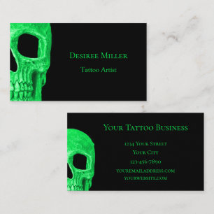 Gothic Skull Face Neon Green Black Tattoo Shop Business Card