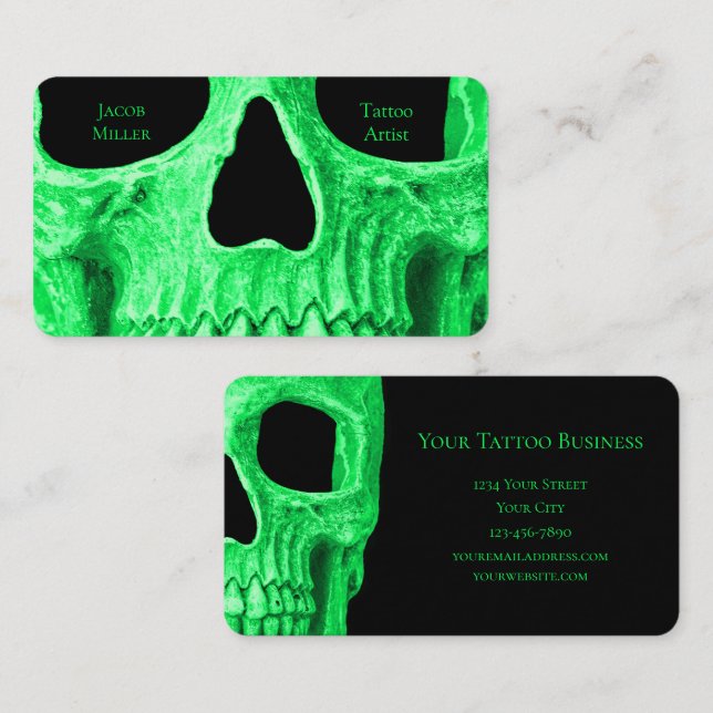 Gothic Skull Face Neon Green Black Tattoo Shop Business Card (Front/Back)