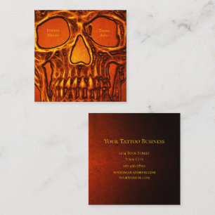 Gothic Skull Face Orange Black Tattoo Shop Square Business Card