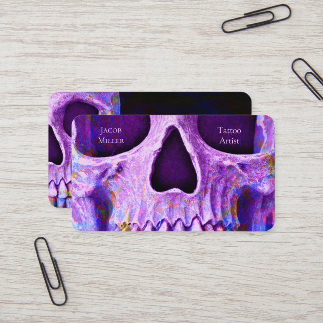Gothic Skull Face Purple Blue Tattoo Shop Business Card (Front/Back In Situ)