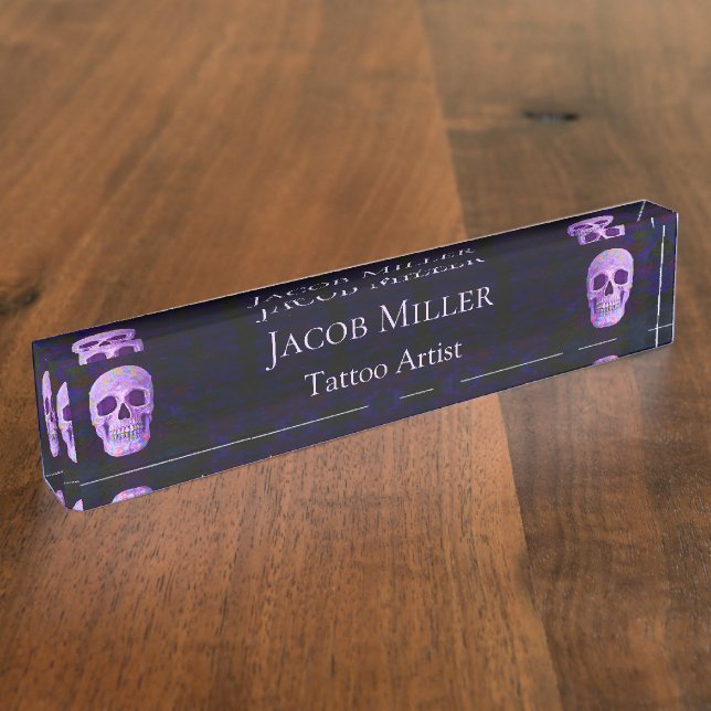 Gothic Skull Face Purple Blue Tattoo Shop Unique Nameplate (Side)