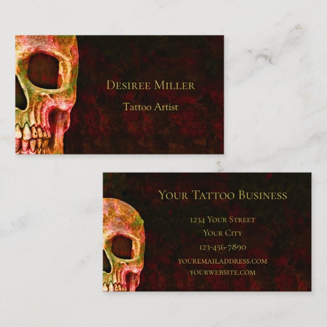 Gothic Skull Face Red Green Tattoo Shop Business Card (Front/Back)
