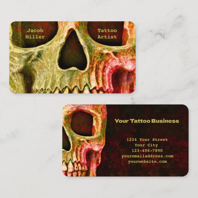Gothic Skull Face Red Green Tattoo Shop Business Card (Front/Back)