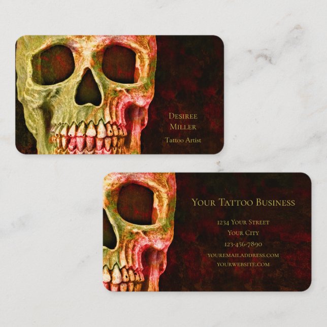 Gothic Skull Face Red Green Tattoo Shop Business Card (Front/Back)