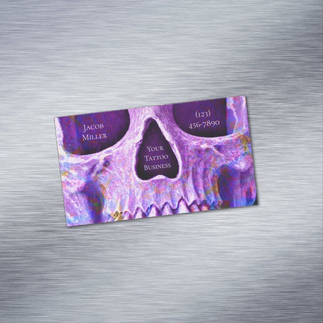 Gothic Skull Face Unique Purple Blue Tattoo Shop Magnetic Business Card (In Situ)