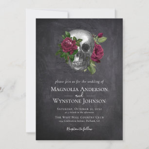 Gothic Skull Floral Black Halloween Wedding Invitation