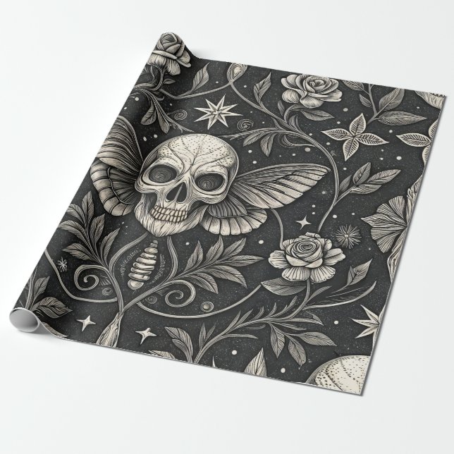 Gothic Skull Floral Celestial Pattern (1) Wrapping Paper (Unrolled)