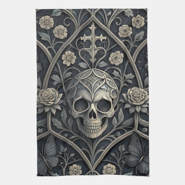 Gothic Skull Floral Celestial Pattern (2) Tea Towel (Vertical)