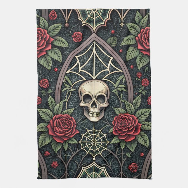 Gothic Skull Floral Celestial Pattern (3) Tea Towel (Vertical)