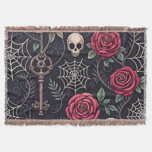 Gothic Skull Floral Celestial Pattern (4) Throw Blanket (Front)
