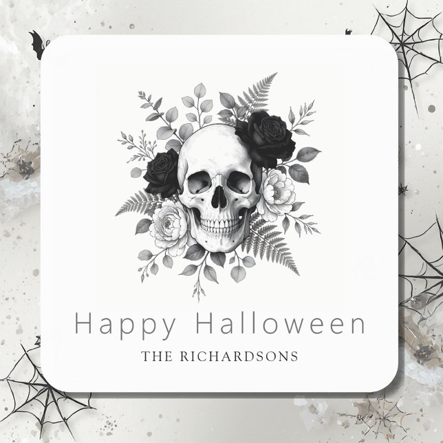 Gothic Skull Floral Halloween Square Sticker (Creator Uploaded)