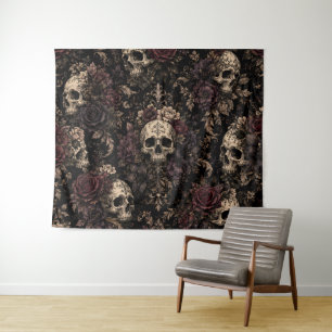 Gothic Skull & Floral Pattern – Vintage Romantic Tapestry