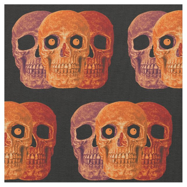 Gothic Skull Funny Orange Halloween Fabric (Close Up)