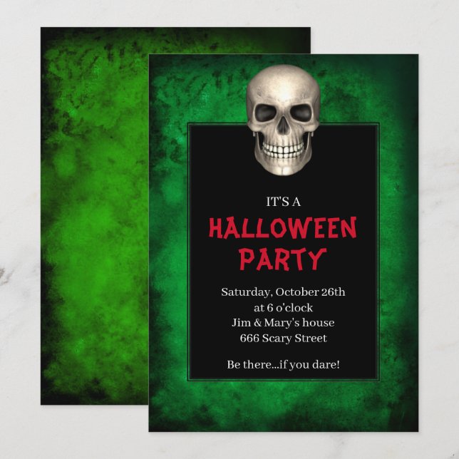 Gothic Skull Green Grunge Halloween Party Invitation (Front/Back)