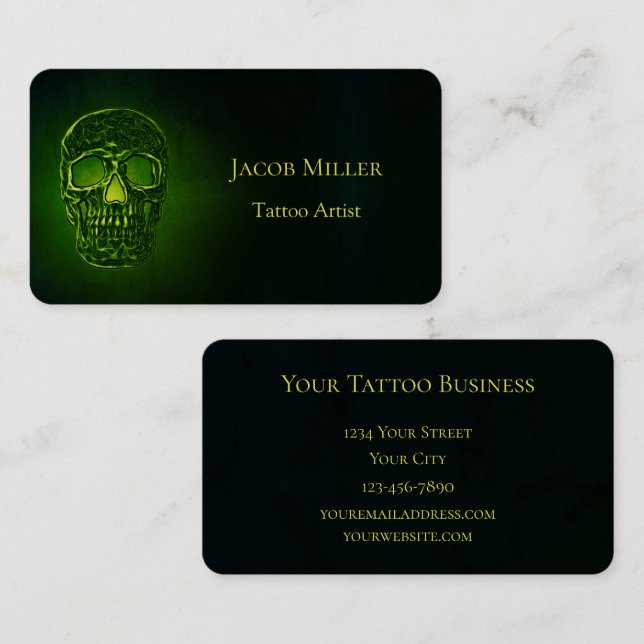 Gothic Skull Green Neon Metallic Tattoo Artist Business Card (Front/Back)