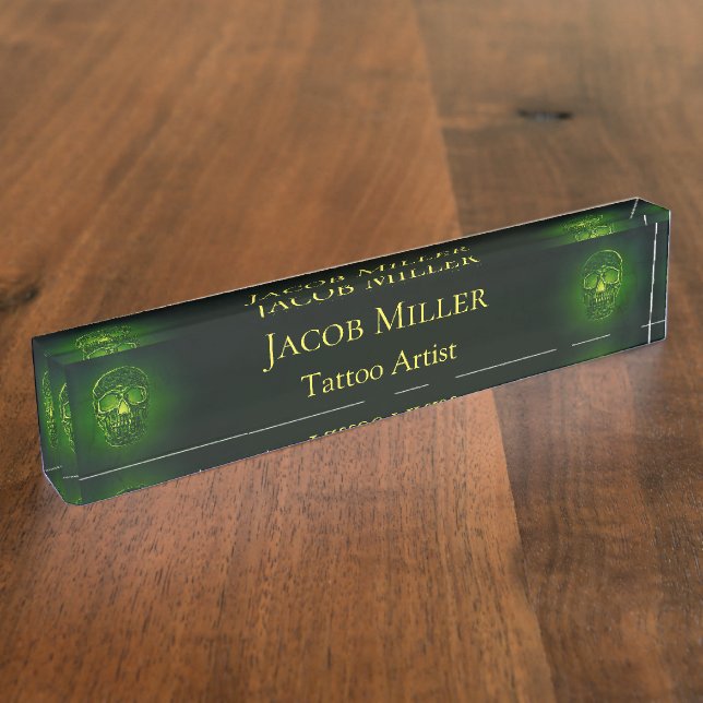 Gothic Skull Green Neon Metallic Tattoo Artist Nameplate (Side)