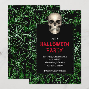 Gothic Skull Green Spider Web Halloween Party Invitation
