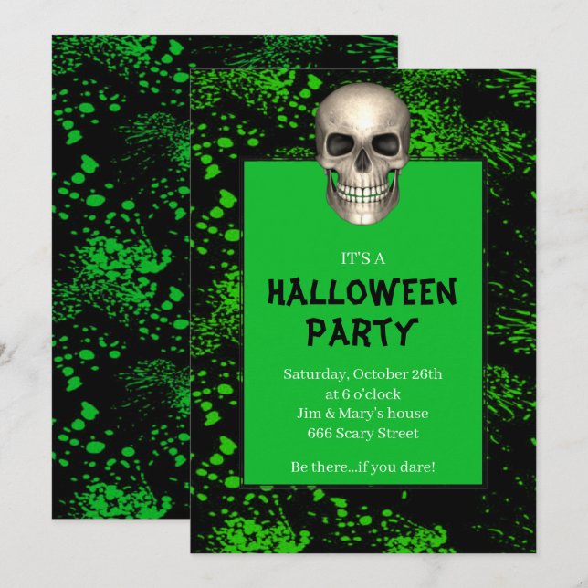 Gothic Skull Green Splatter Halloween Party Invitation (Front/Back)