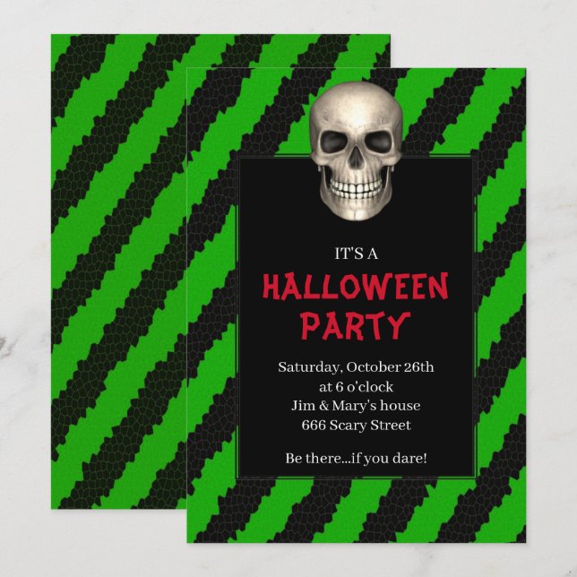 Gothic Skull Green Stripe Halloween Party Invitation (Front/Back)