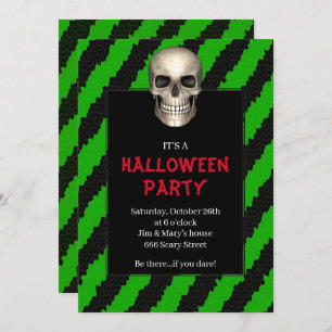 Gothic Skull Green Stripe Halloween Party Invitation